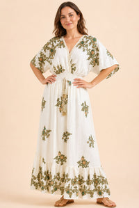 Women's White Floral Embroidered Wrap Maxi Dress – Green & Beige Embroidery