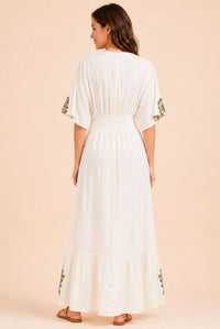 Women's White Floral Embroidered Wrap Maxi Dress – Green & Beige Embroidery