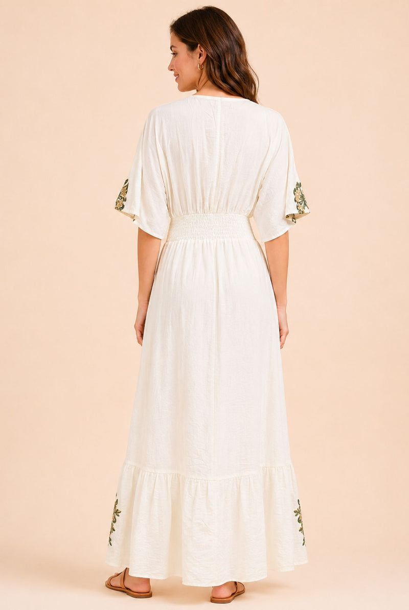 Women's White Floral Embroidered Wrap Maxi Dress – Green & Beige Embroidery