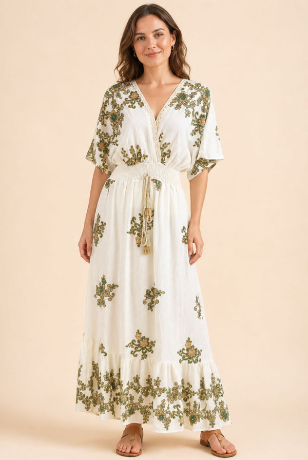 Women's White Floral Embroidered Wrap Maxi Dress – Green & Beige Embroidery
