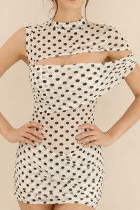Women's White Polka Dot High Neck Cut Out Bodycon Mini Dress