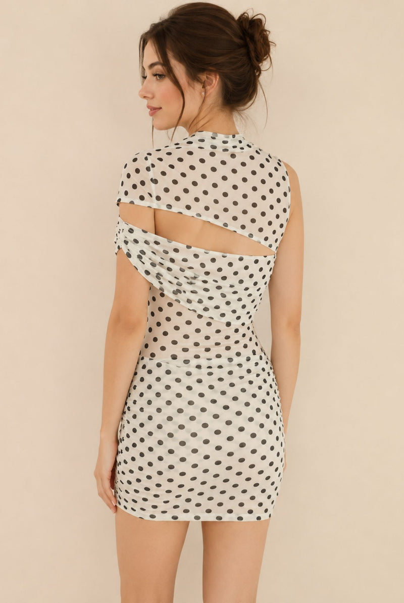 Women's White Polka Dot High Neck Cut Out Bodycon Mini Dress