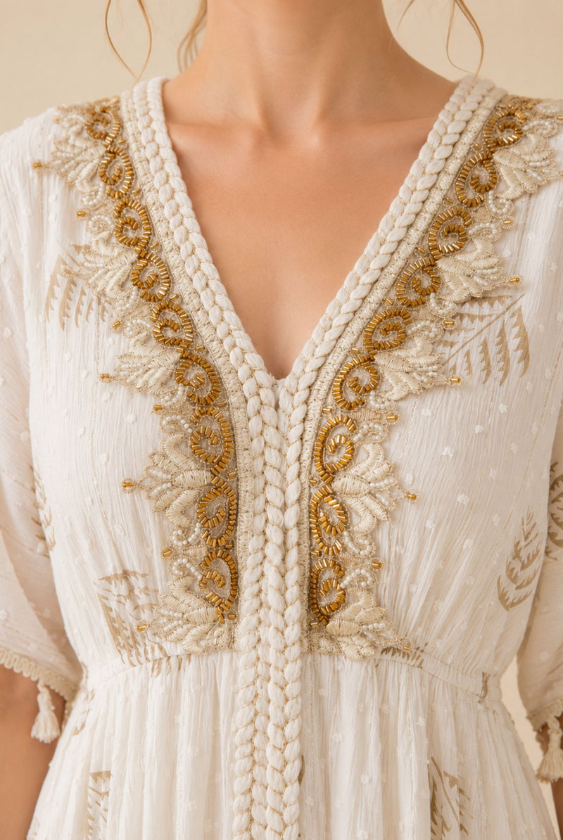 Women's White Tassel Kaftan Maxi Dress – Beige Print & Gold Embroidery
