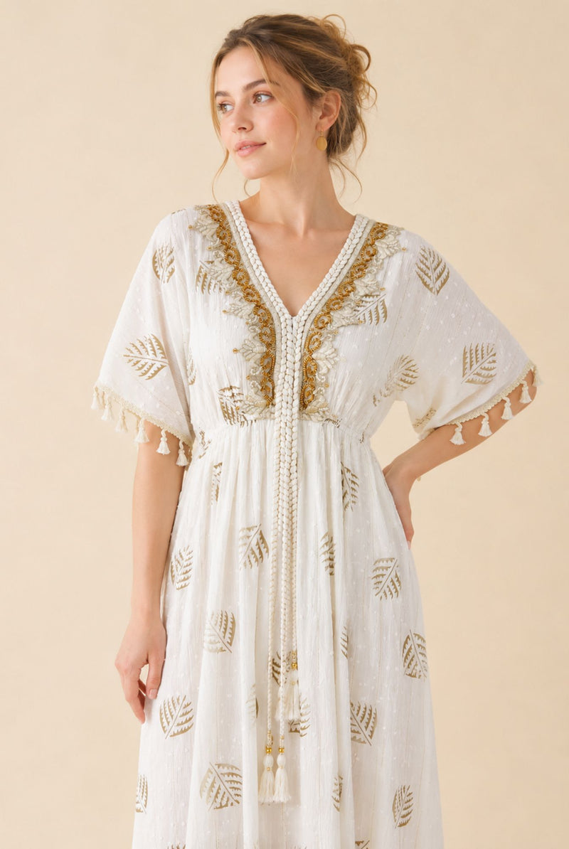 Women's White Tassel Kaftan Maxi Dress – Beige Print & Gold Embroidery