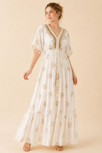 Women's White Tassel Kaftan Maxi Dress – Beige Print & Gold Embroidery