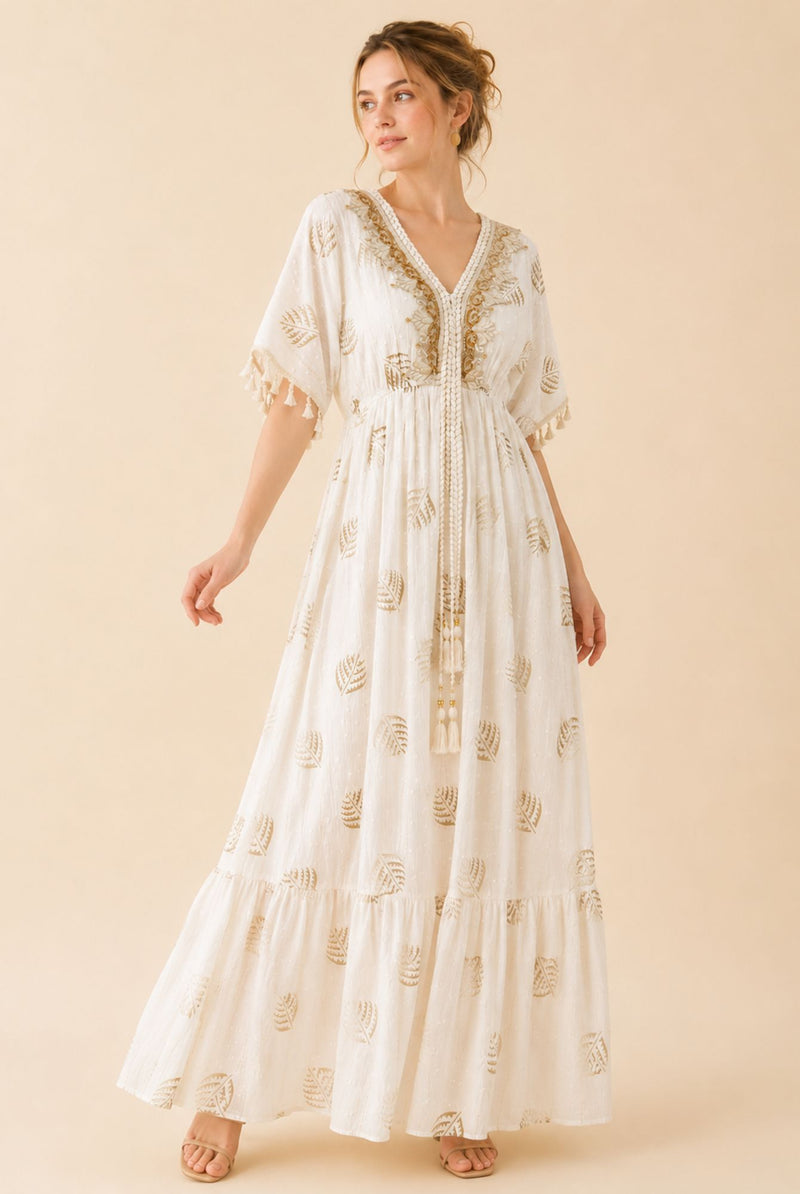 Women's White Tassel Kaftan Maxi Dress – Beige Print & Gold Embroidery