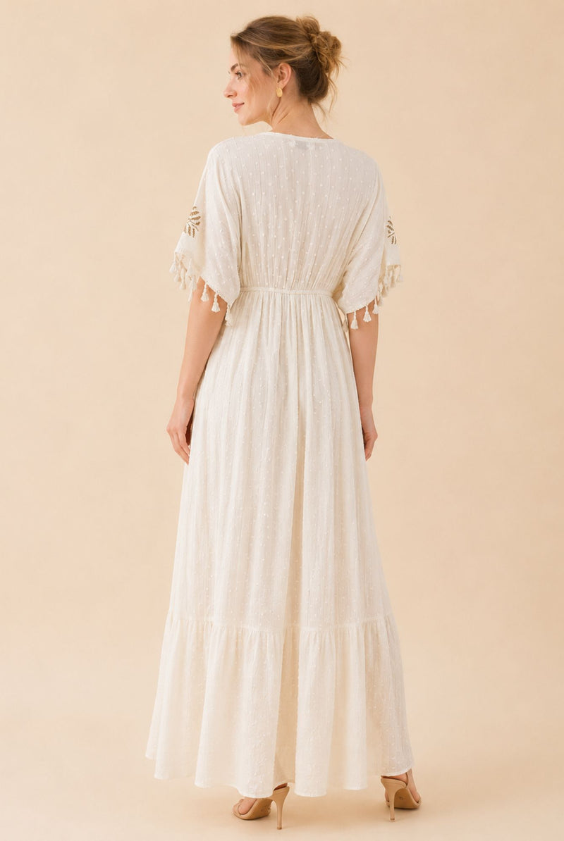 Women's White Tassel Kaftan Maxi Dress – Beige Print & Gold Embroidery