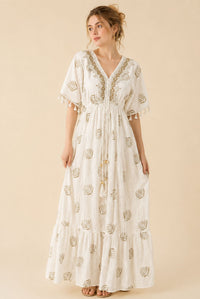 Women's White Tassel Kaftan Maxi Dress – Beige Print & Gold Embroidery