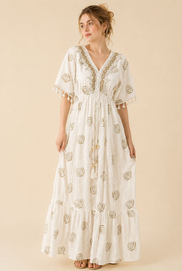 Women's White Tassel Kaftan Maxi Dress – Beige Print & Gold Embroidery