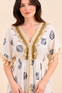 Women's White Tassel Kaftan Maxi Dress – Navy Print & Gold Embroidery