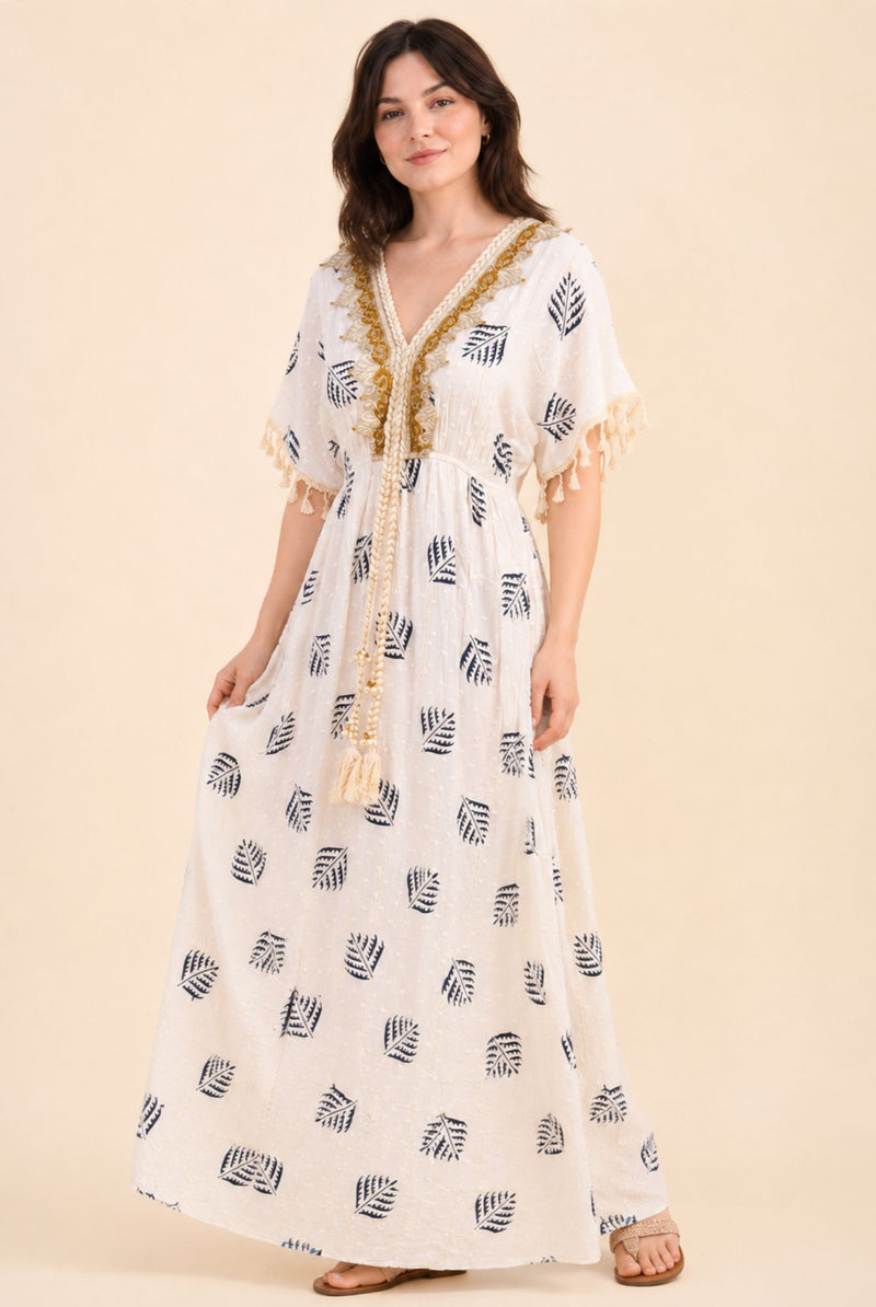 Women's White Tassel Kaftan Maxi Dress – Navy Print & Gold Embroidery