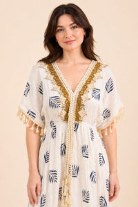 Women's White Tassel Kaftan Maxi Dress – Navy Print & Gold Embroidery