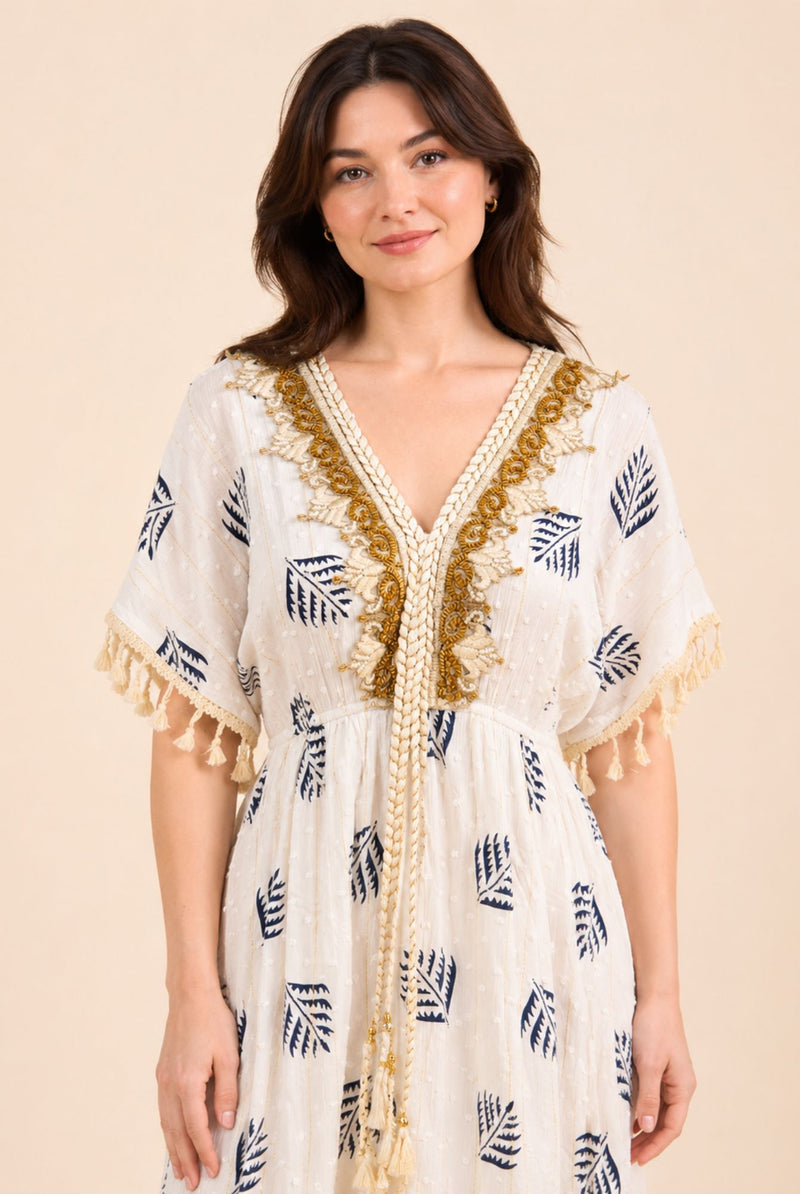 Women's White Tassel Kaftan Maxi Dress – Navy Print & Gold Embroidery