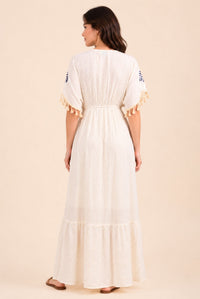 Women's White Tassel Kaftan Maxi Dress – Navy Print & Gold Embroidery