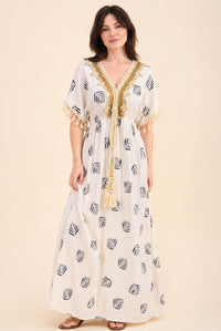 Women's White Tassel Kaftan Maxi Dress – Navy Print & Gold Embroidery