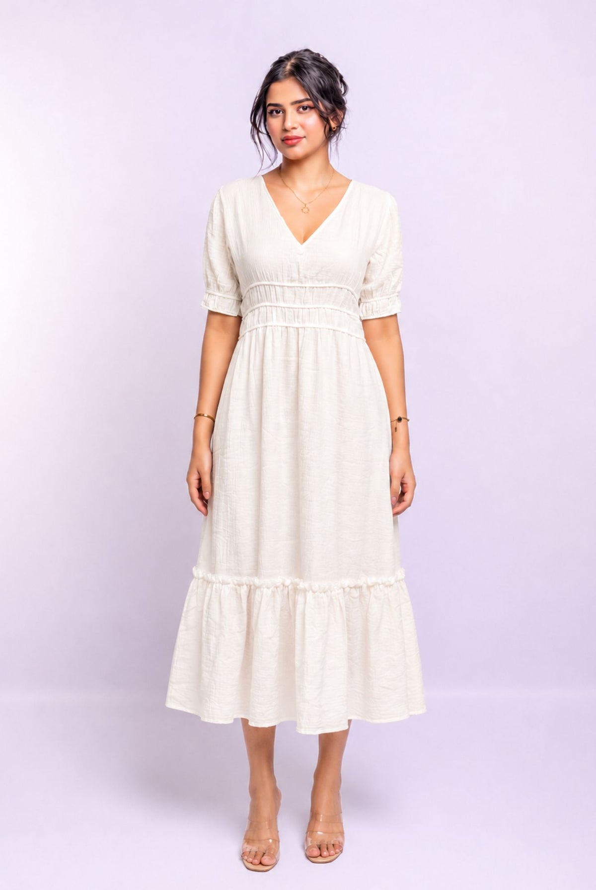 Women's White V Neck Puff Sleeve Tiered Midi Dress