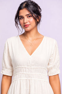 Women's White V Neck Puff Sleeve Tiered Midi Dress
