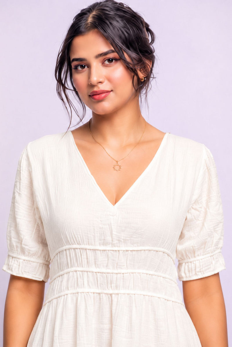 Women's White V Neck Puff Sleeve Tiered Midi Dress
