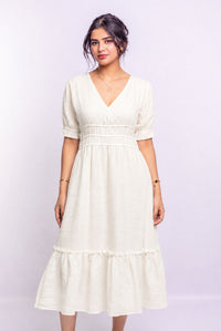 Women's White V Neck Puff Sleeve Tiered Midi Dress