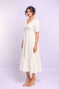 Women's White V Neck Puff Sleeve Tiered Midi Dress