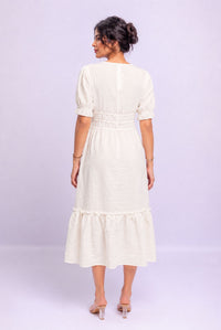 Women's White V Neck Puff Sleeve Tiered Midi Dress