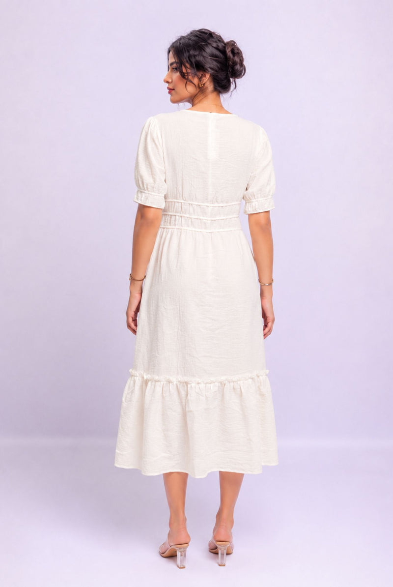 Women's White V Neck Puff Sleeve Tiered Midi Dress