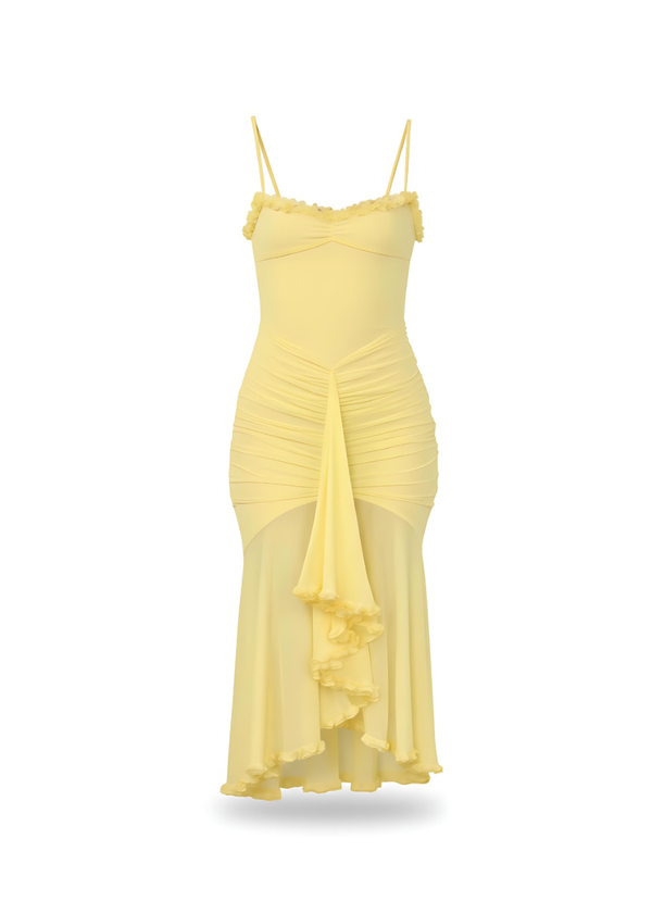 Yellow Ruched Bodycon Mesh Midi Dress