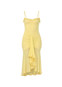 Yellow Ruched Bodycon Mesh Classic Party Midi Dress