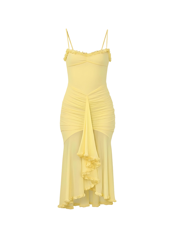Yellow Ruched Bodycon Mesh Classic Party Midi Dress