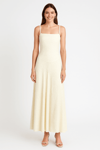 Front view of A-line jacquard maxi dress with adjustable thin straps