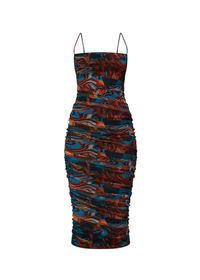 Blue Marble Mesh Bodycon Side Drawstring Detail Midi Dress