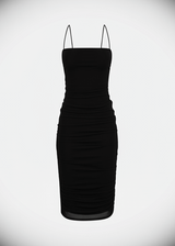Avinci abstract mesh bodycon side drawstring midi dress front view black color