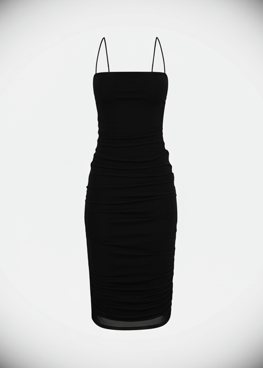 Avinci abstract mesh bodycon side drawstring midi dress front view black color