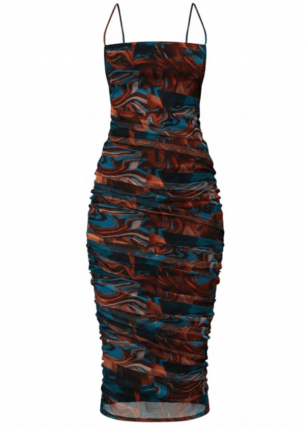 Avinci abstract mesh bodycon side drawstring midi dress front view