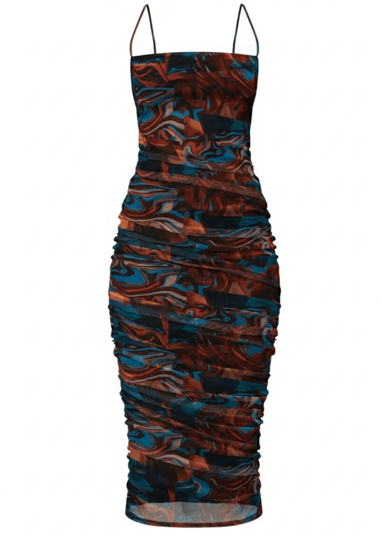 Avinci abstract mesh bodycon side drawstring midi dress front view