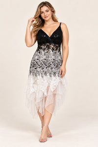 Black and white strappy lace party dress with a fitted silhouette and layered handkerchief hem