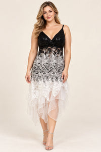 Front view of black and white floral lace midi dress with V-neckline, sequin bodice and asymmetric sheer hem
