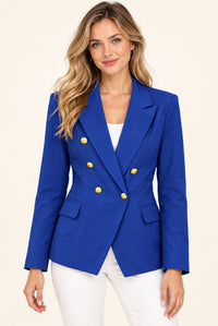 Blue tailored double breasted blazer with gold-tone buttons, front view