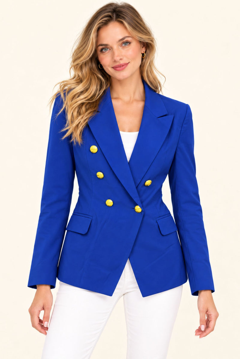 Front view of blue tailored blazer with gold-tone button detailing