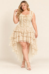 Cream plus size floral lace dress with a lace-up corset bodice and high-low ruffle skirt