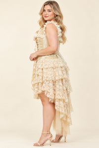 Side view of cream lace corset dress showing the tiered high-low hem