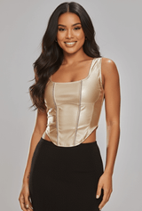 Avinci faux leather square neckline corset top front close-up golden color