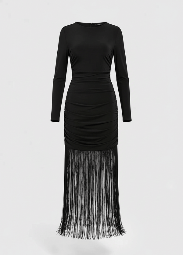 Avinci fringe tassel hem cami long sleeve bodycon midi dress front view