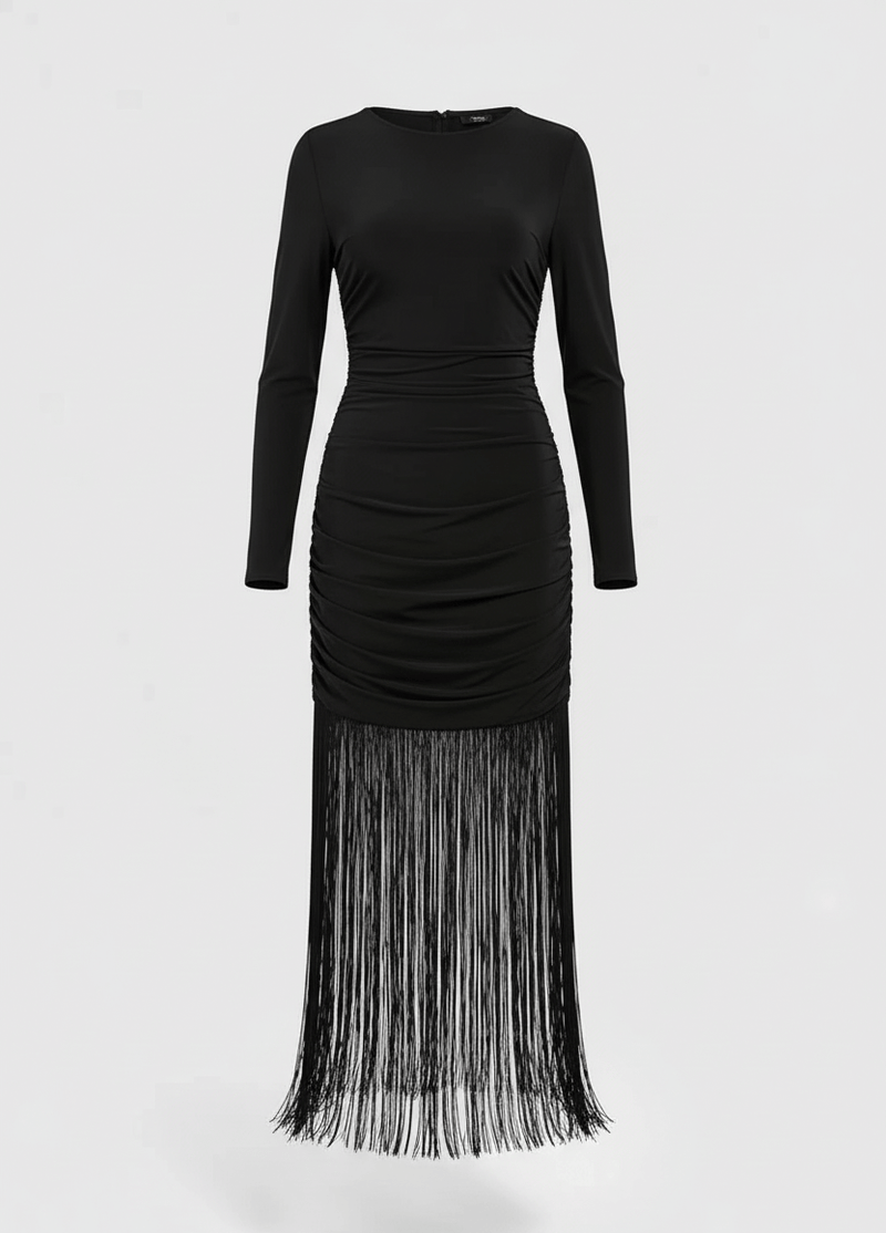 Avinci fringe tassel hem cami long sleeve bodycon midi dress front view