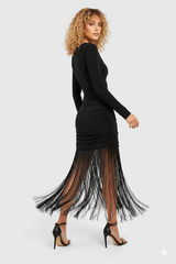 Avinci fringe tassel hem cami long sleeve bodycon midi dress side look