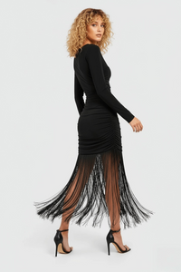 Black Fringe Tassel Hem Cami Long Sleeve Bodycon Midi Dress