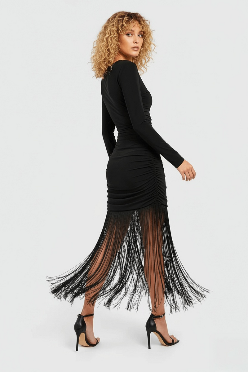 Black Fringe Tassel Hem Cami Long Sleeve Bodycon Midi Dress