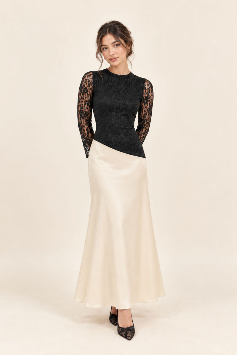 Petite black and cream maxi dress with an asymmetric waistline and flowing satin skirt