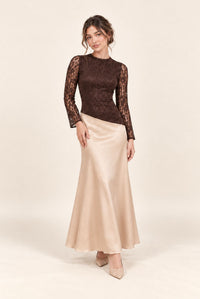 Front view of petite brown and champagne lace and satin maxi dress with long flared sleeves