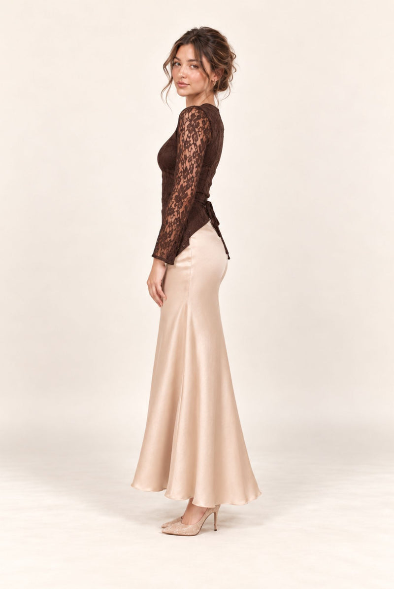 Side view of brown lace and champagne satin maxi dress with long lace sleeves